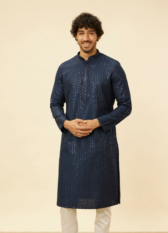 alt message - Manyavar Men Indigo Blue Petal String Patterned Kurta Set image number 0